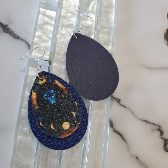 Wolf Moons Blue Faux Leather Teardrop Earrings - Picture 8 of 9